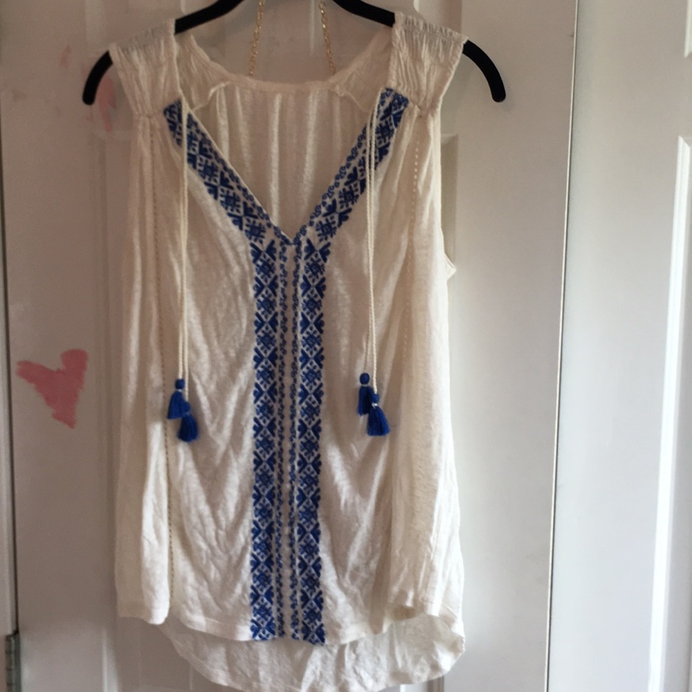 Blue embroidered white tank top